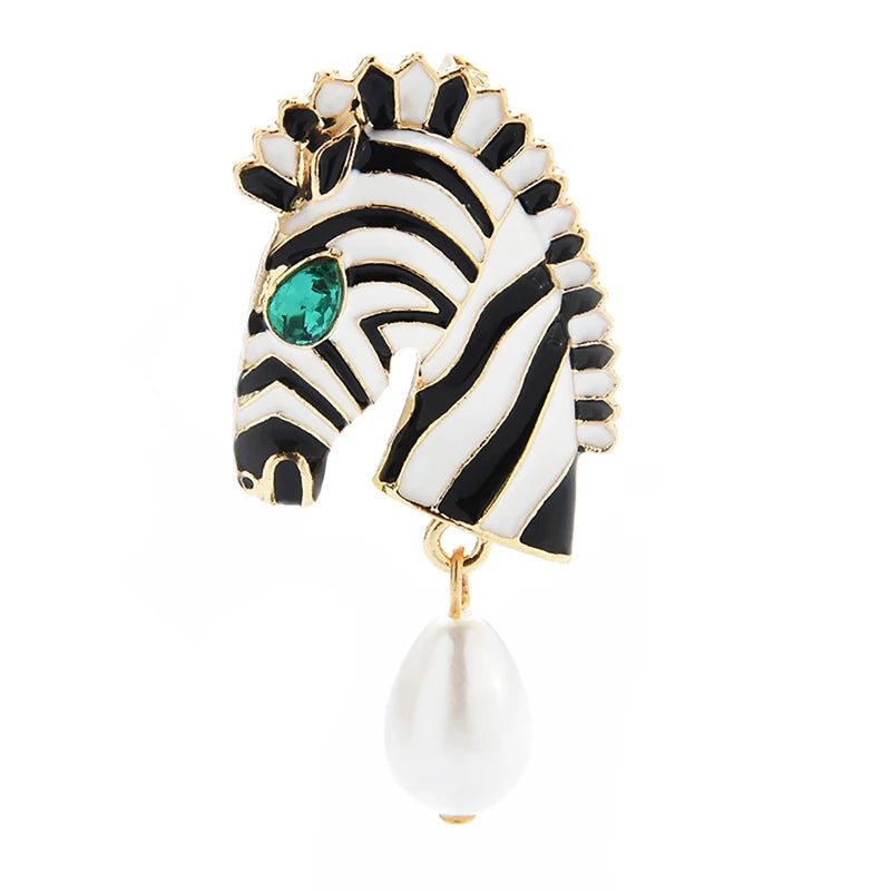 Enamel Zebra Head with Pearl-Look Drop Brooch