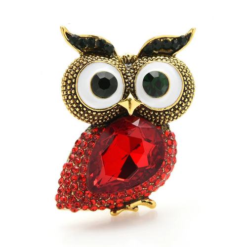 Big-Eyed Owl with Faceted Jewel Body Brooch