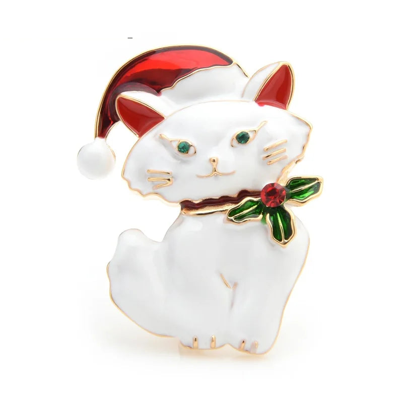 Enamel Christmas Cat with Santa Hat Brooch
