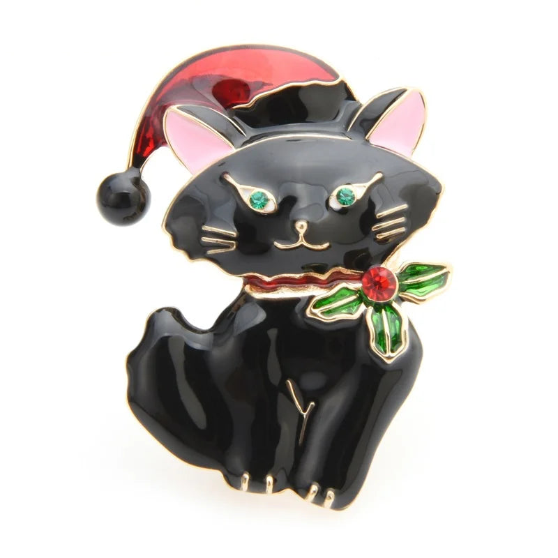 Enamel Christmas Cat with Santa Hat Brooch