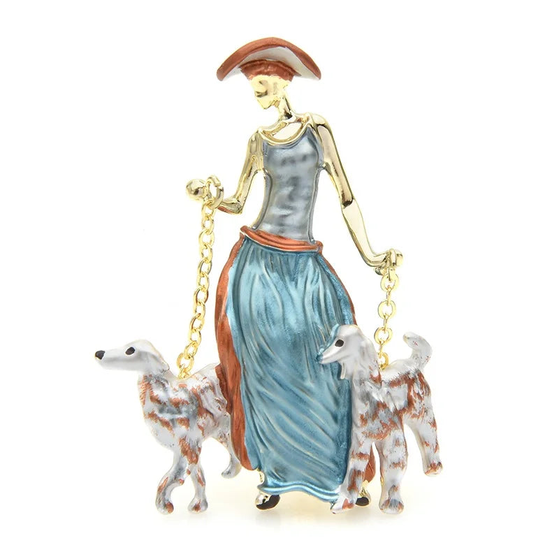 Elegant Lady Walking Two Dogs Brooch