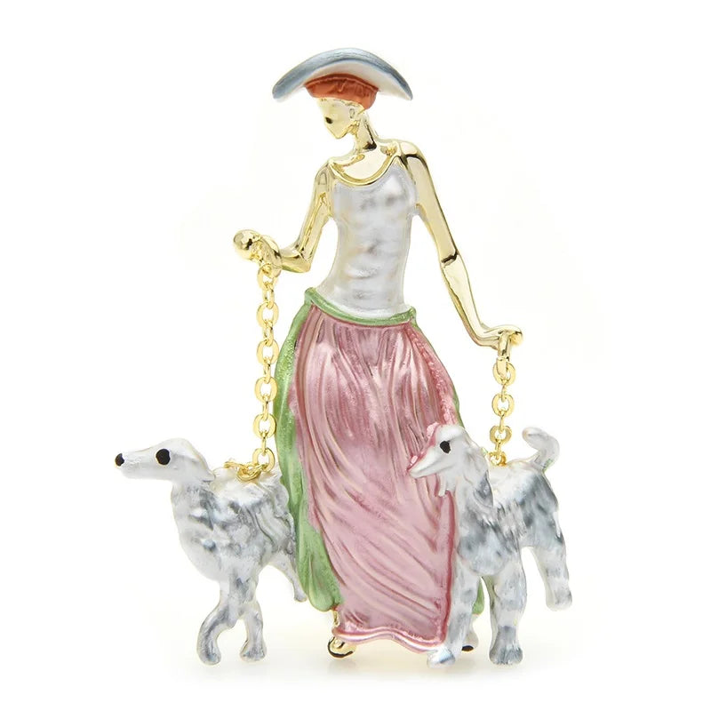 Elegant Lady Walking Two Dogs Brooch