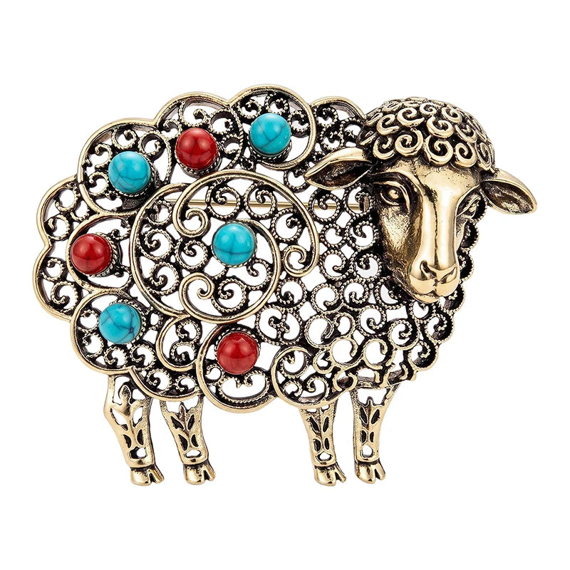 Vintage Openwork Sheep with Colorful Cabochons Brooch