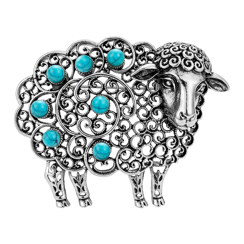 Vintage Openwork Sheep with Colorful Cabochons Brooch