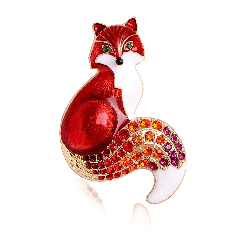 Enamel Fox with Rhinestone Tail Brooch