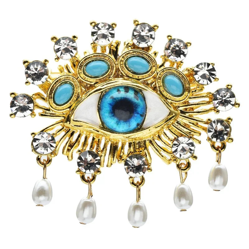 Jeweled Eye with Pearl-Look Drops Brooch