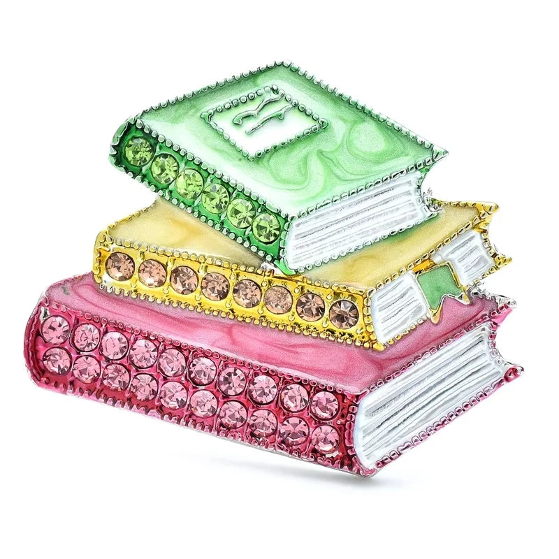 Enamel Stacked Books with Rhinestones Brooch