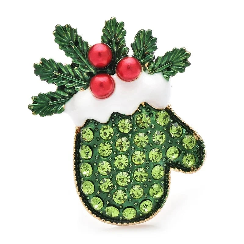 Holly and Rhinestone Christmas Mitten Brooch