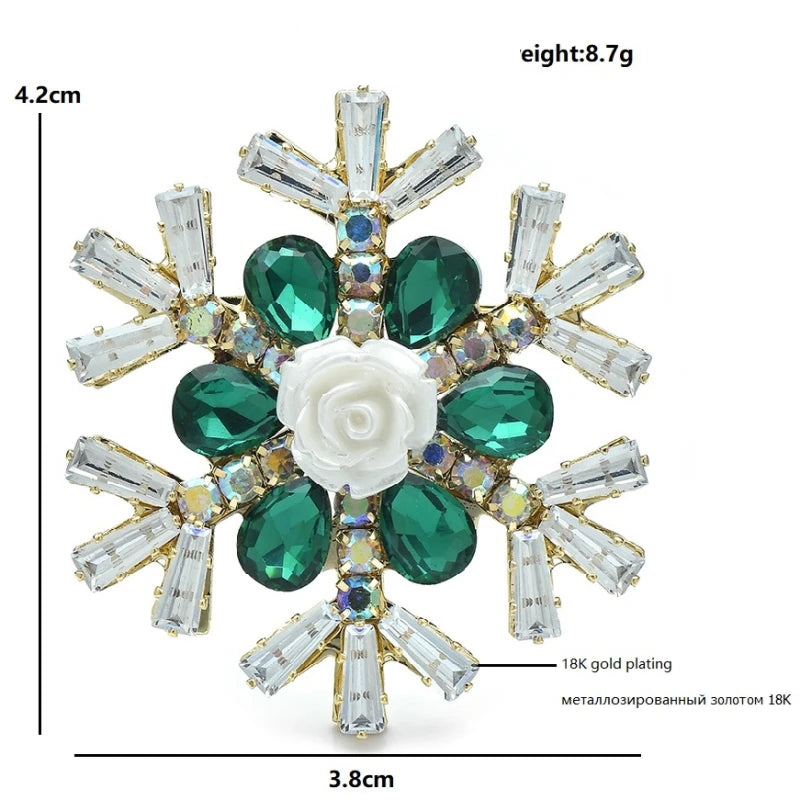 Jeweled Snowflake with White Rose Center Brooch