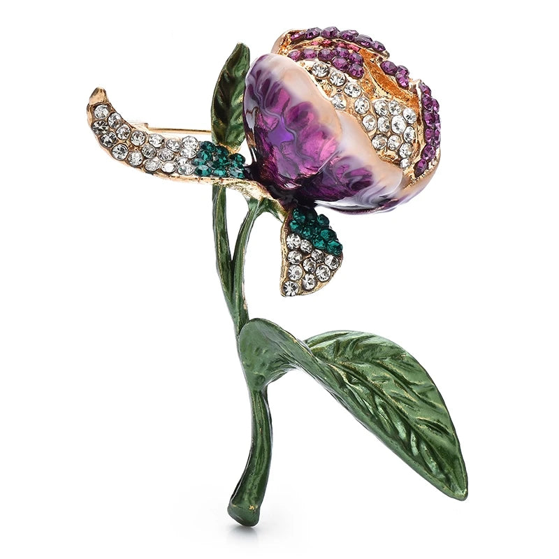 Purple Tulip Bud with Green Leaves Brooch