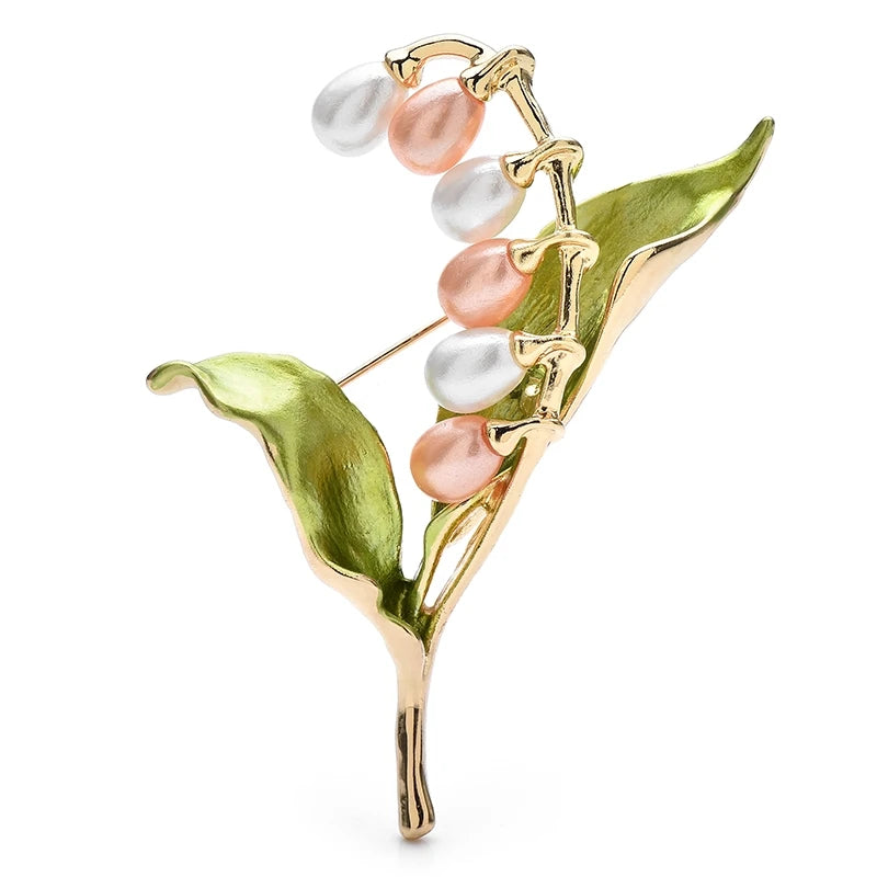 Pink Lily of the Valley with Green Leaves Brooch