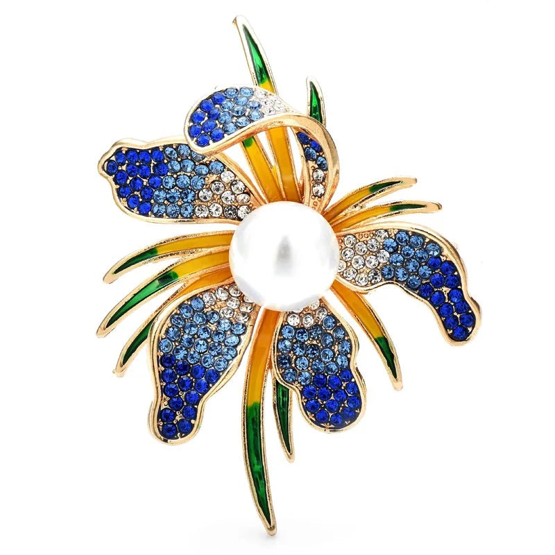 Jeweled Flower with Pearl-Look Center Brooch