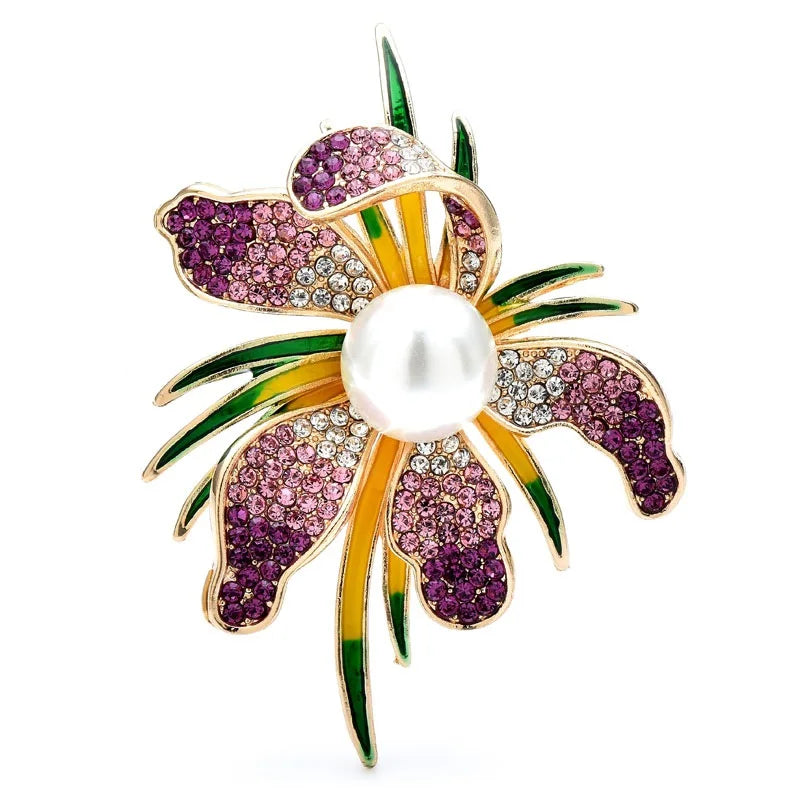 Jeweled Flower with Pearl-Look Center Brooch