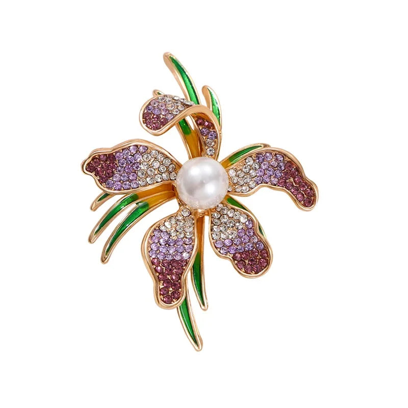 Jeweled Flower with Pearl-Look Center Brooch