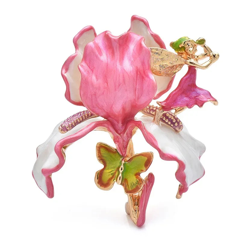 Sculpted Enamel Iris Flower Brooch