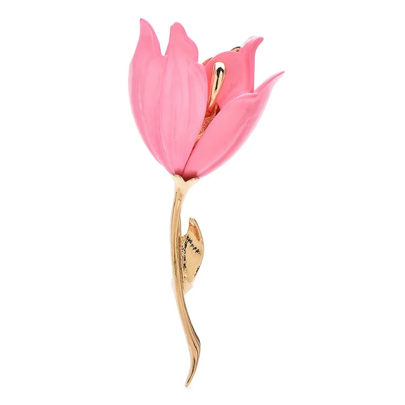 Single Tulip with Golden Stem Brooch