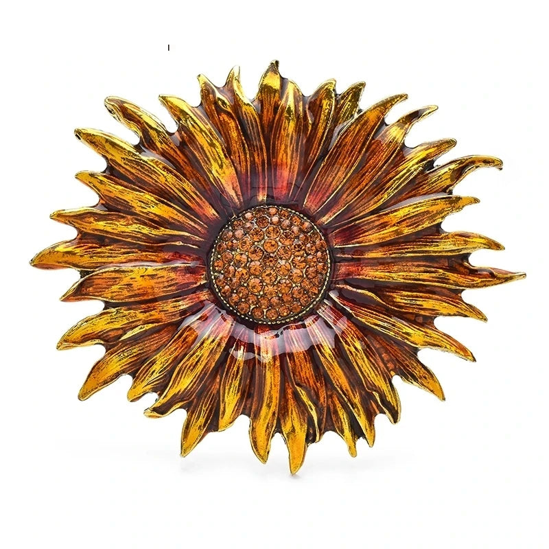 Enamel Sunflower with Jeweled Center Brooch