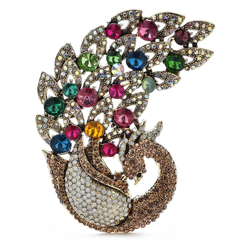 Large Multicolor Jeweled Peacock Brooch