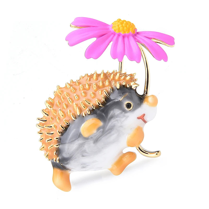 Hedgehog Holding Daisy Flower Brooch