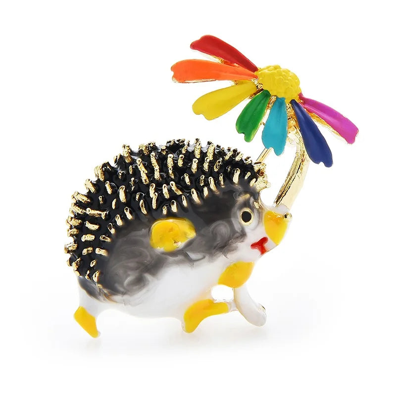 Hedgehog Holding Daisy Flower Brooch