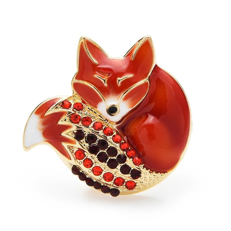 Sleeping Enamel Fox with Jeweled Tail Brooch