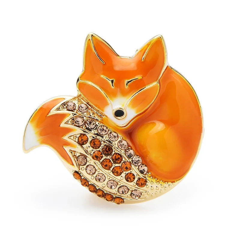 Sleeping Enamel Fox with Jeweled Tail Brooch