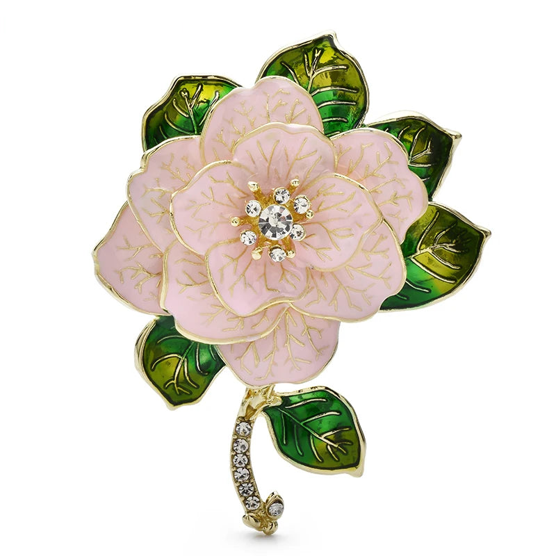Enamel Camellia with Green Leaves Brooch