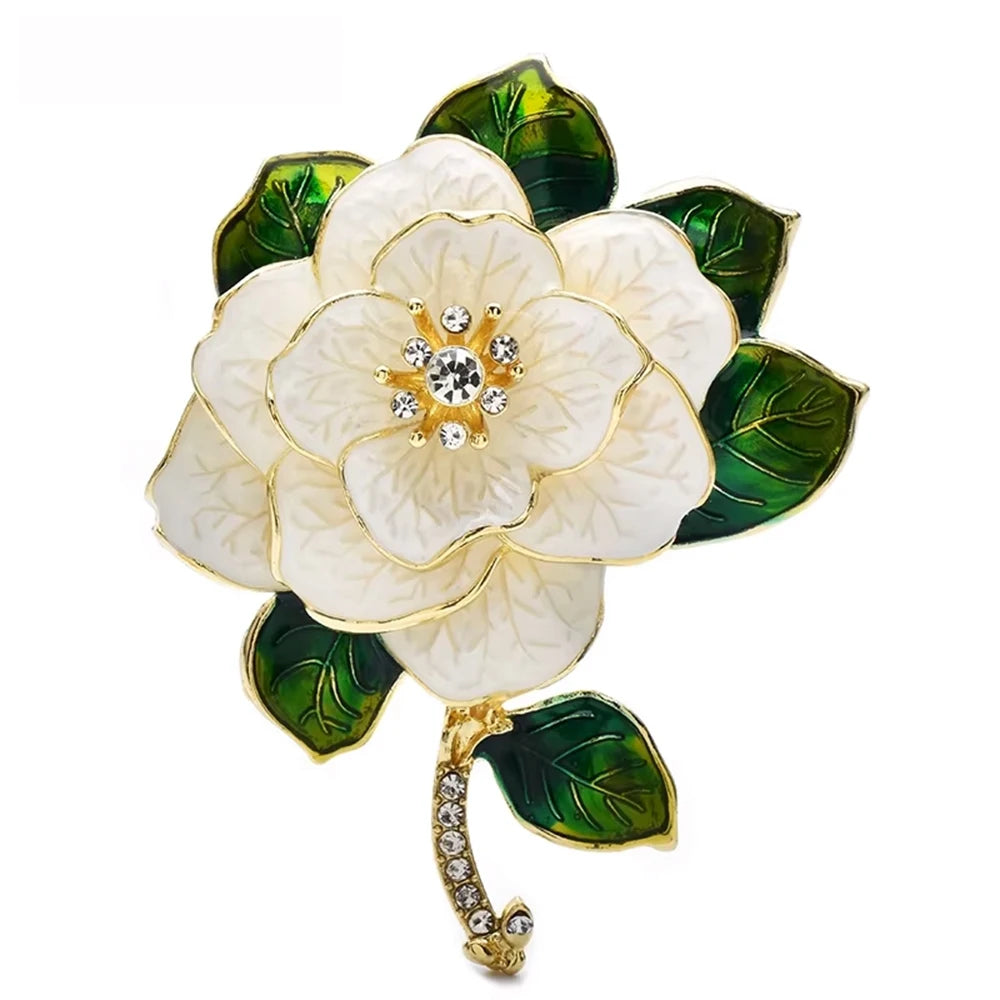 Enamel Camellia with Green Leaves Brooch