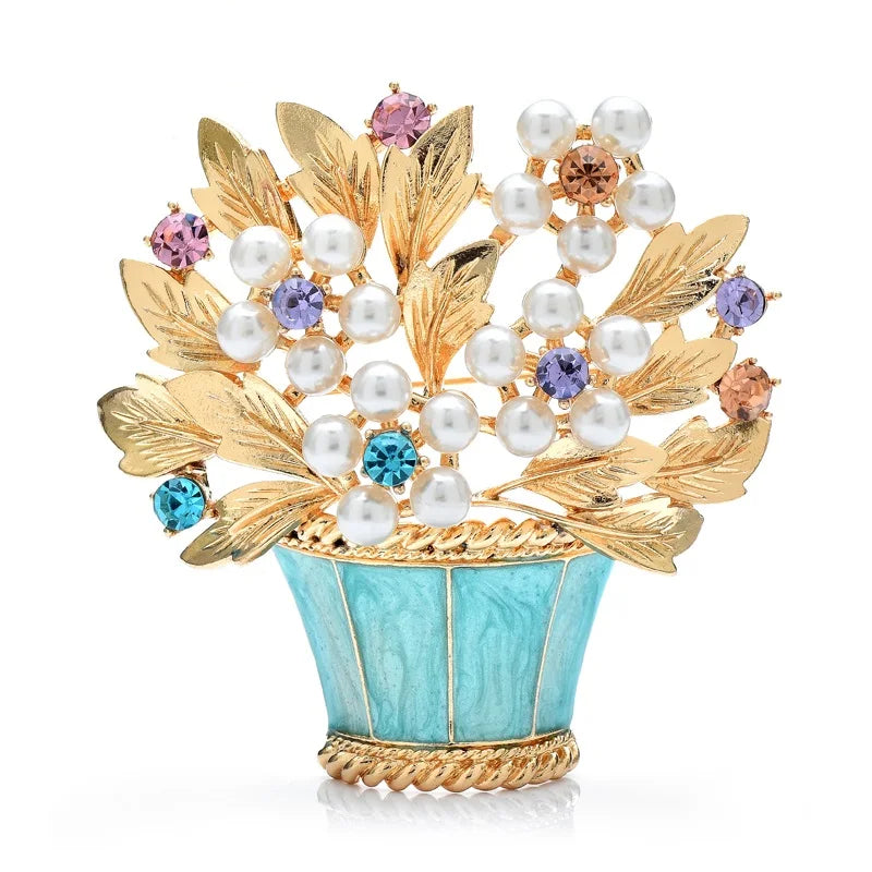 Pearl-Look Flower Bouquet in Pot Brooch