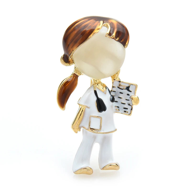 Dark-Haired Doctor with Clipboard Brooch