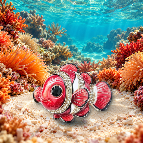 Big Eyed Clownfish Brooch styled in a thematic scene