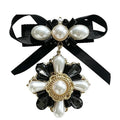 Black Bow with Pearl-Look Floral Drop Brooch — Black & Pearl
