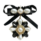 Black Bow with Pearl-Look Floral Drop Brooch — Black & Pearl