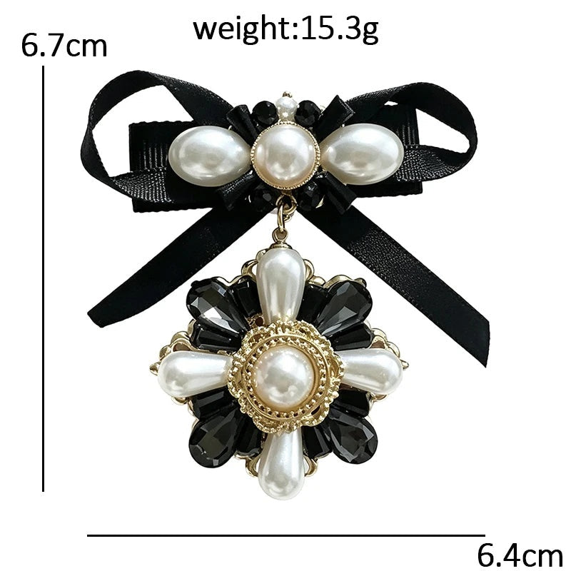 Black Bow with Pearl-Look Floral Drop Brooch dimensions