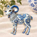 Blue and White Floral Goat Brooch in a floral ivory setting