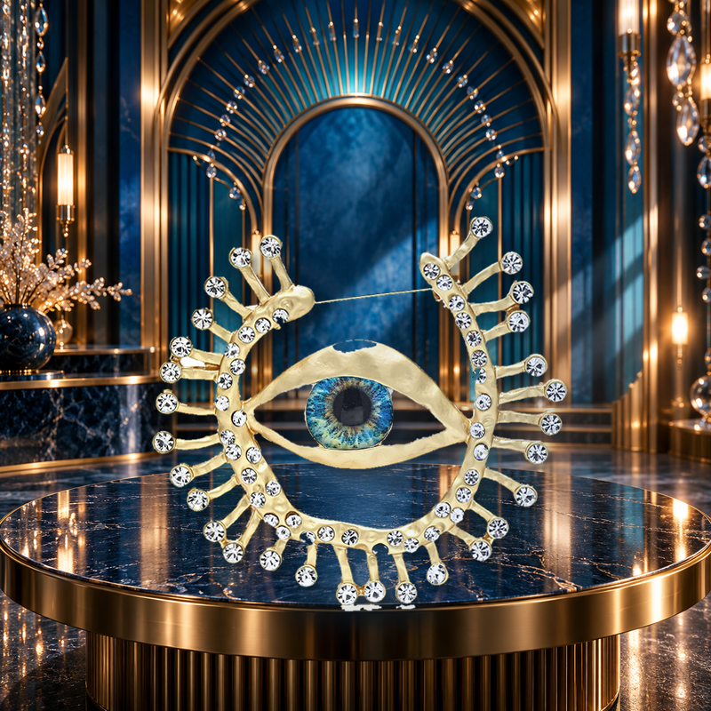Blue Eye with Radiant Jeweled Lashes Brooch styled in a thematic scene