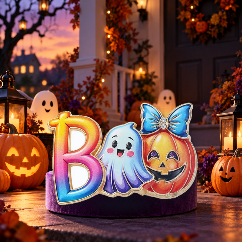 Boo Ghost and Pumpkin Halloween Brooch styled in a thematic scene