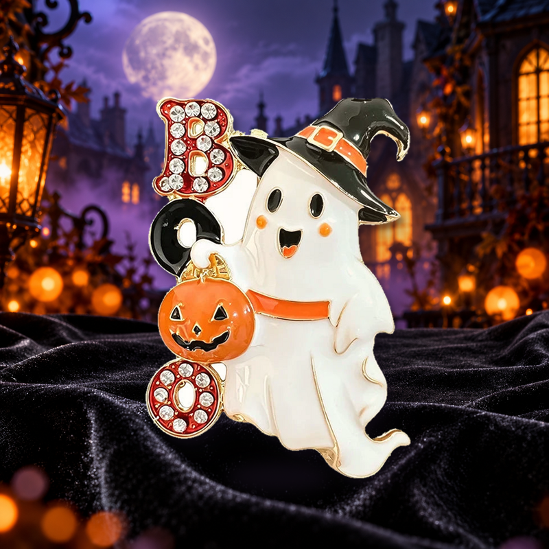 Boo Ghost with Witch Hat Brooch styled in a thematic scene