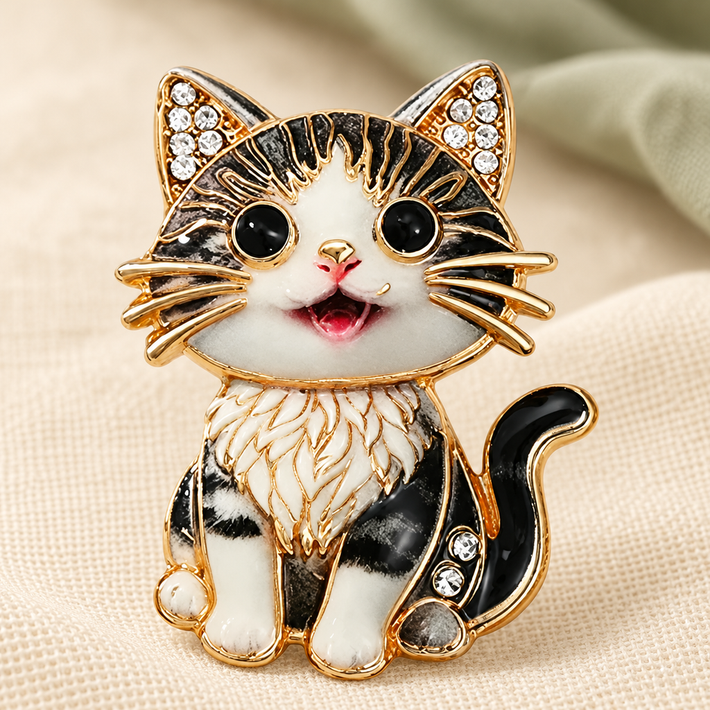Smiling Seated Kitten Sparkle Brooch — styled background