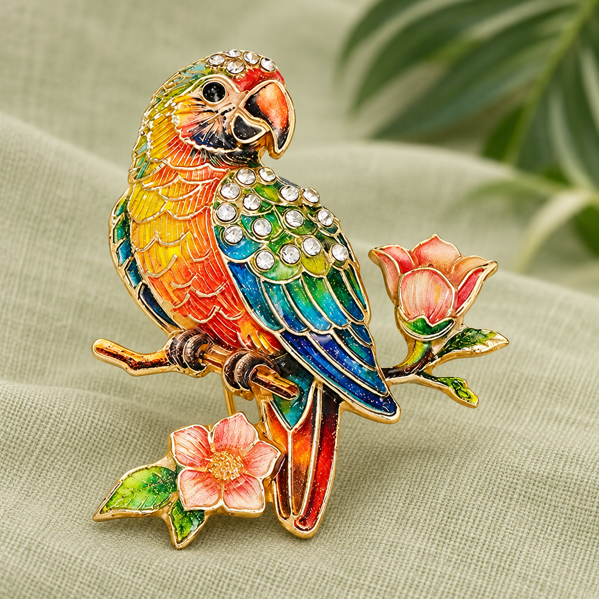 Parrot Perched on Flowering Branch Brooch — styled background