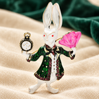 Storybook Rabbit with Watch and Fan Brooch — styled background