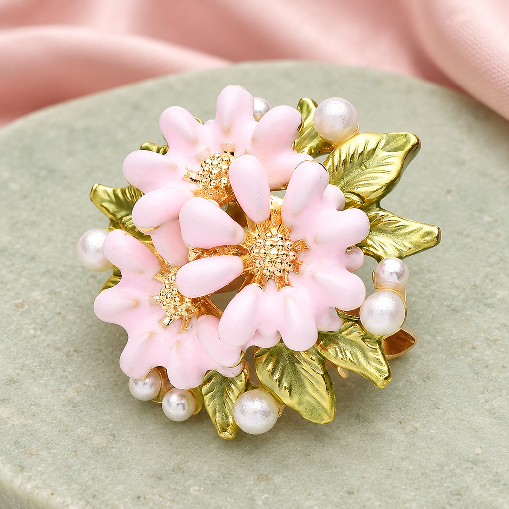 Pink Flower Cluster with Pearlescent Accents Brooch — styled background