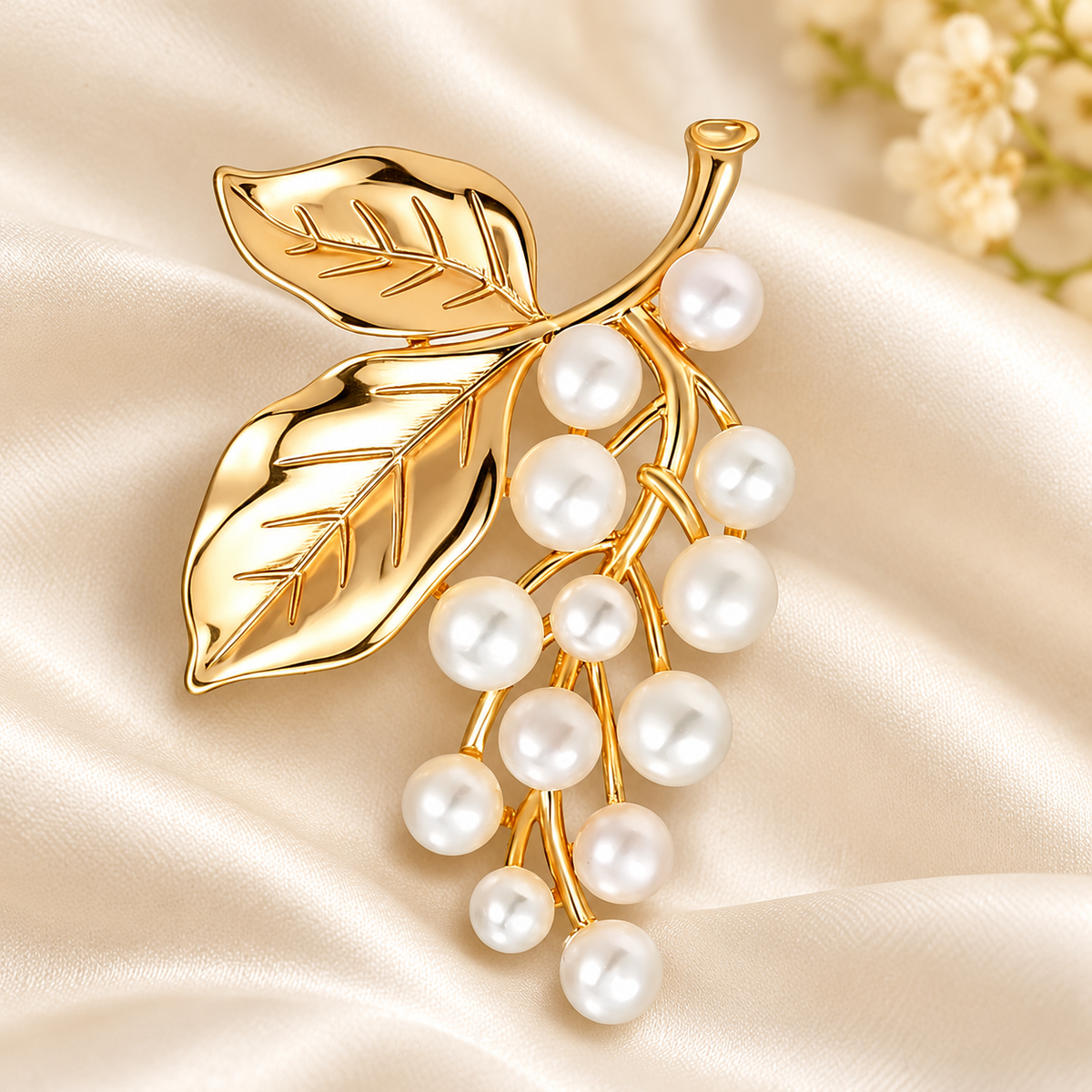 Pearlescent Berry Spray with Two Leaves Brooch — styled background