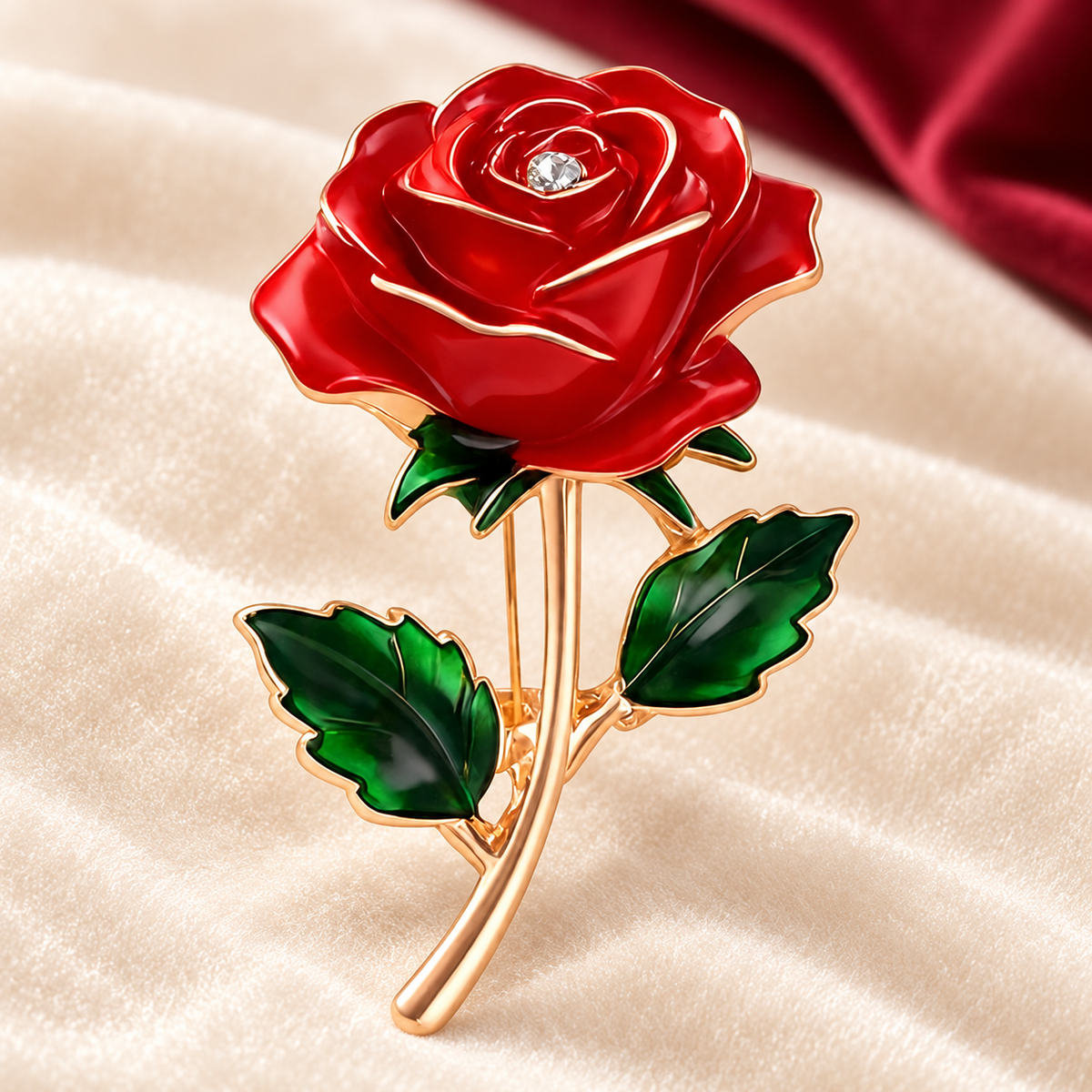Classic Red Rose on a Stem Brooch — styled background