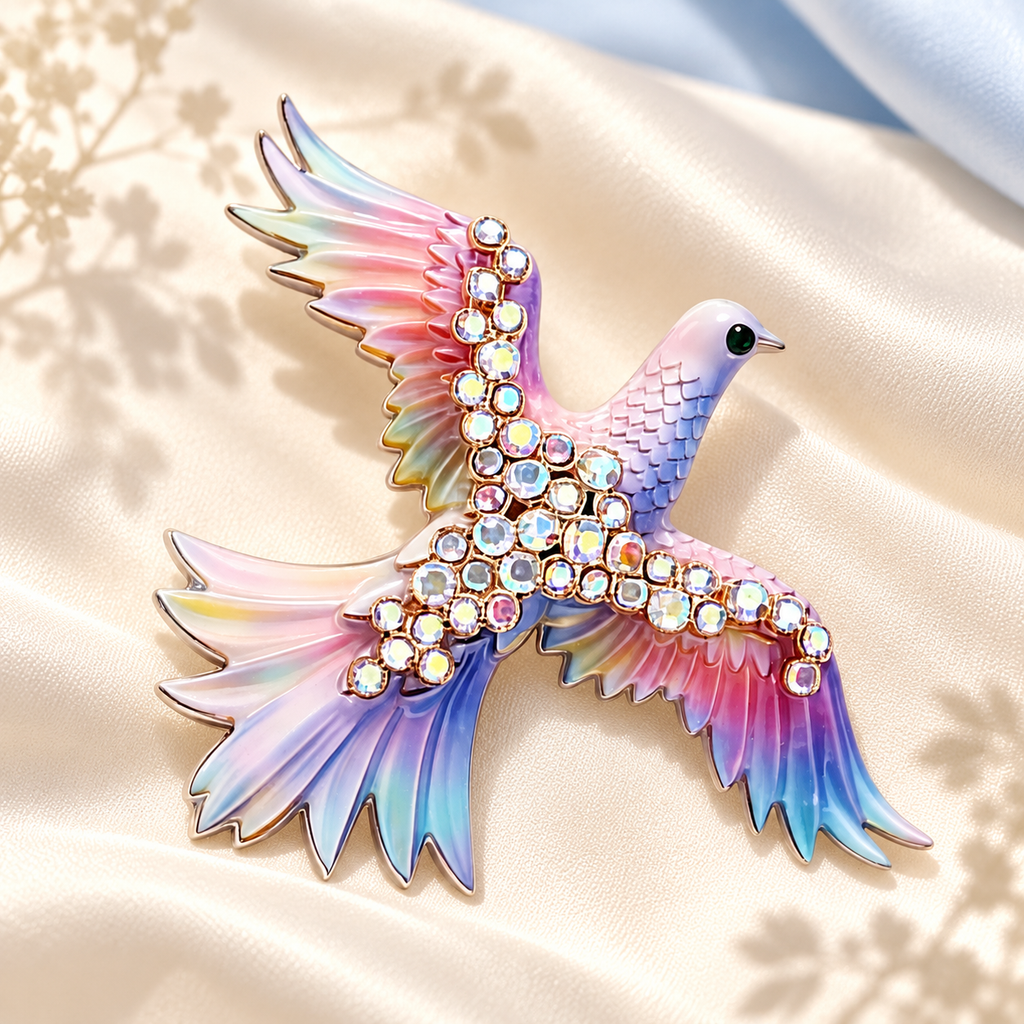 Flying Dove with Softly Shaded Wings Brooch — styled background