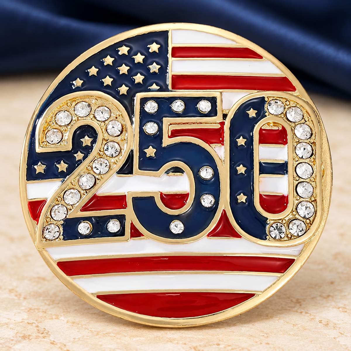 America 250 Stars and Stripes Medallion Brooch — styled background