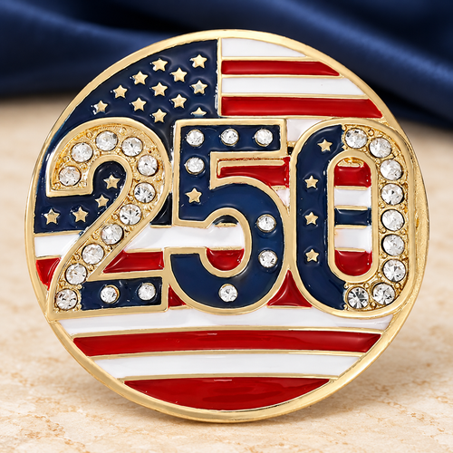 America 250 Stars and Stripes Medallion Brooch — styled background