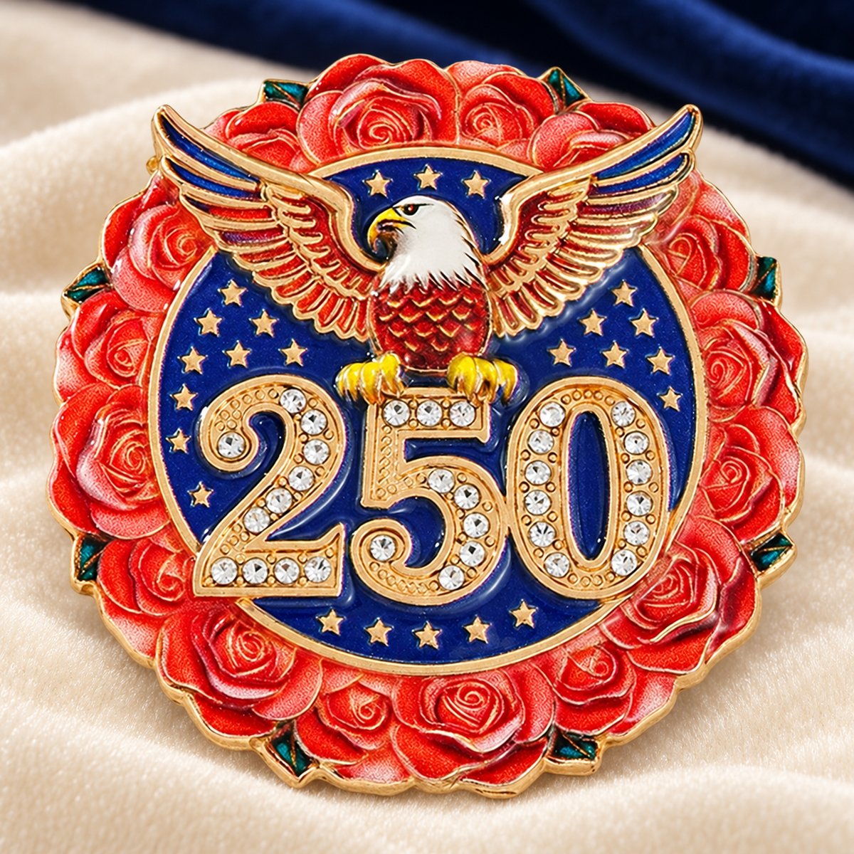 America 250 Eagle and Rose Medallion Brooch — styled background