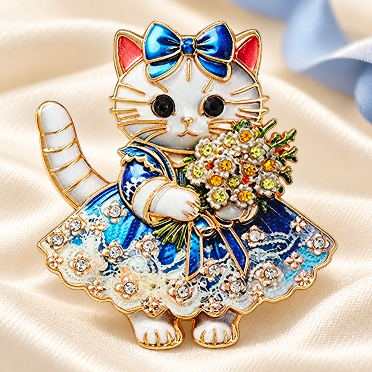 Dressed Cat with Flower Bouquet Brooch — styled background