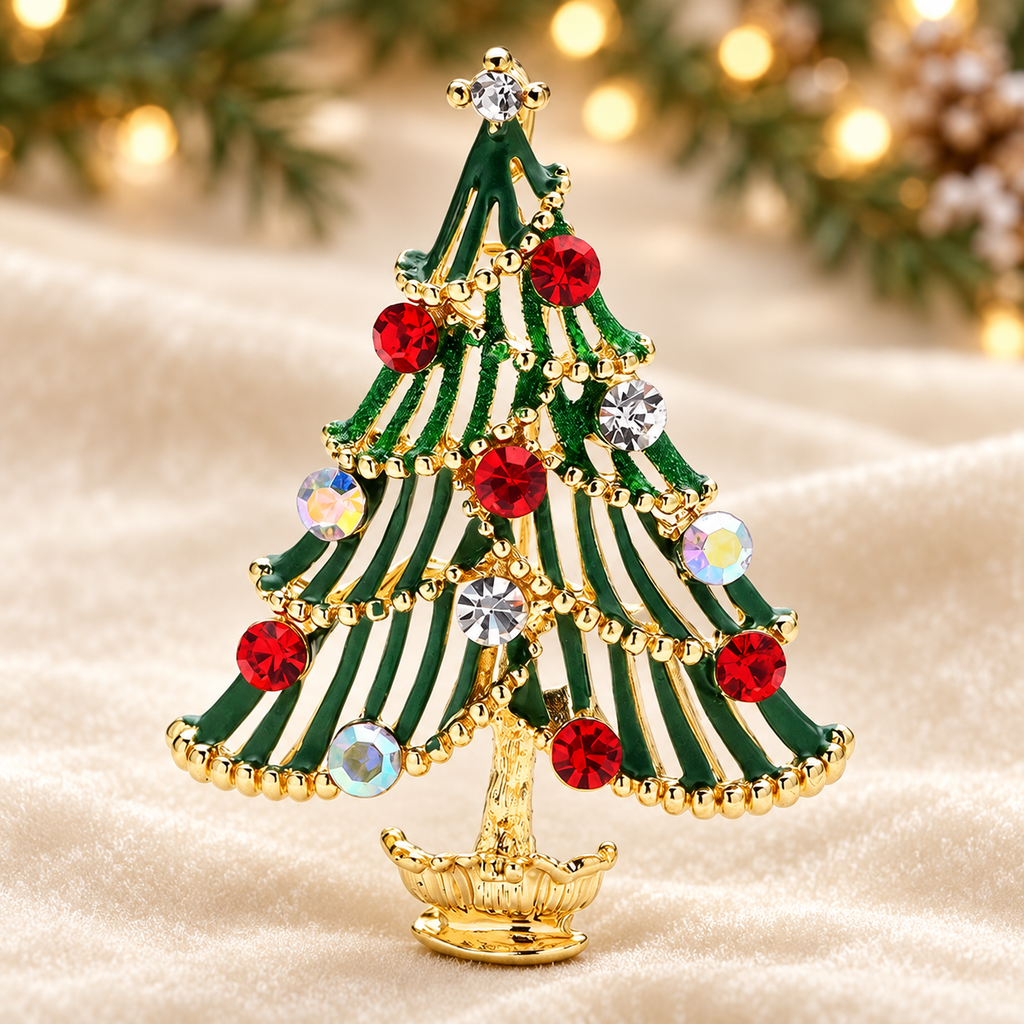 Enamel Christmas Tree with Jeweled Garlands Brooch — styled background